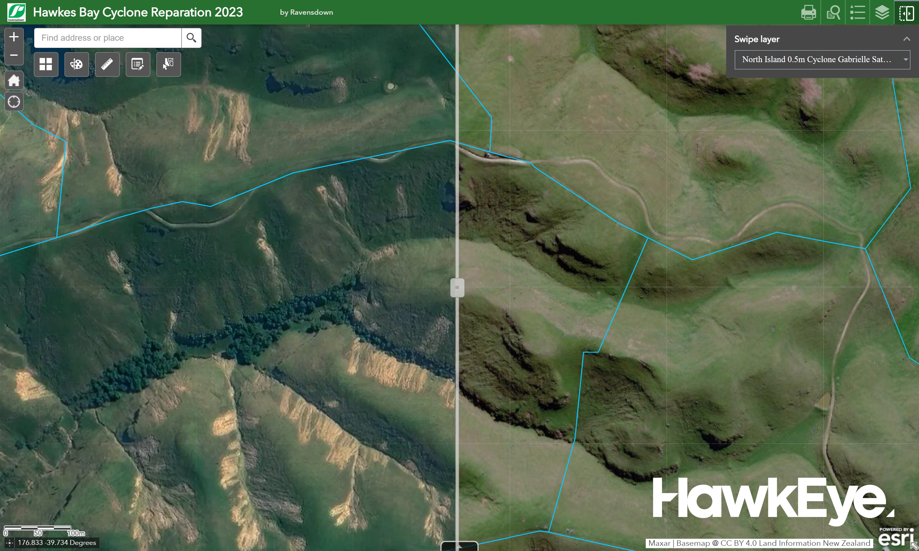 On-farm slip damage. On the left is slip damage after Cyclone Gabrielle, on the right is before.