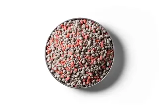 15% Potash Super fertiliser granules in a round dish