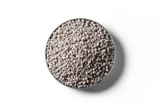Light grey Superphosphate fertiliser granules in a round dish