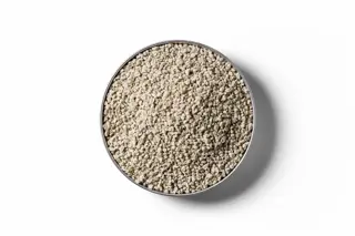 Cream coloured Ferrous Sulphate granular fertiliser chips in a round dish